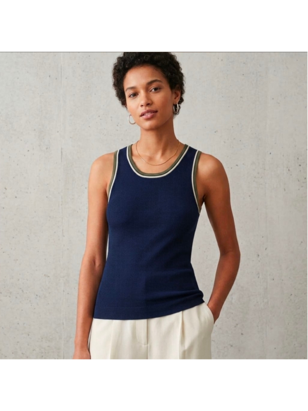 Cos Navy Contrast Trim Ribbed Knit  Tank Sweater Vest size Medium